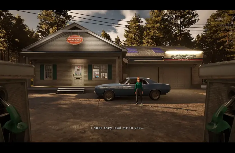 Screenshot from Before Exit: Gas Station Daylight DLC showing the strange lady and the gas station