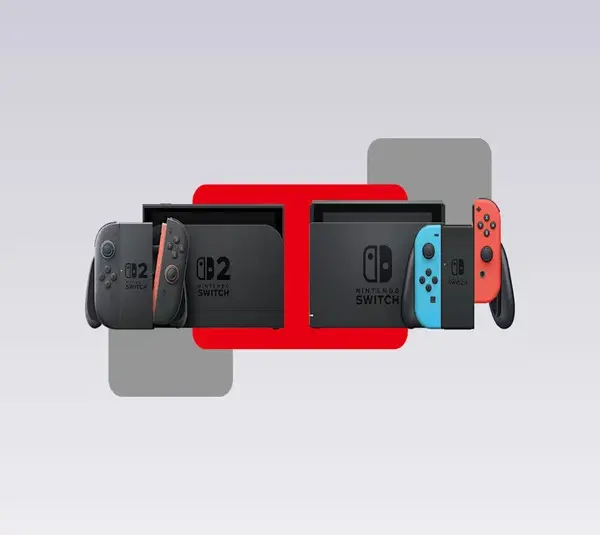 Nintendo Switch 2 in front of a grey background.