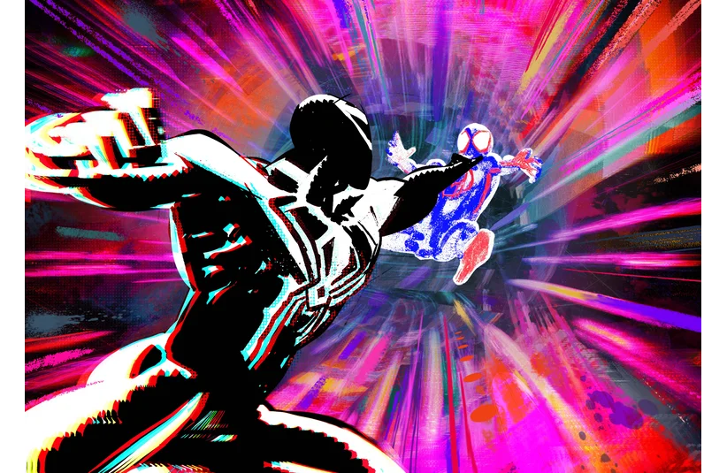 Dynamic scene of two Spider-Man characters in colorful suits leaping through a vibrant, multicolored vortex, conveying action and excitement.