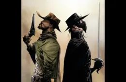 Comic-style image of Django and Zorro from the "Django/Zorro" comic series, back-to-back. One wears a cowboy hat with a revolver; the other, a black mask and cape with a sword—dramatic tone.
