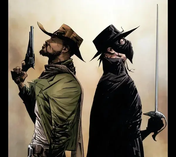 Comic-style image of Django and Zorro from the "Django/Zorro" comic series, back-to-back. One wears a cowboy hat with a revolver; the other, a black mask and cape with a sword—dramatic tone.