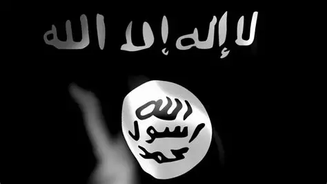An image of a black and white flag with writing in Arabic, possibly the flag of ISIS.