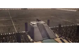 Large stone platform with stairs at the center of a vast arena, a lone figure stands on top, facing a sea of soldiers in orderly ranks, evoking a dramatic and epic tone from Dune: Part Three presented at CinemaCon 2026