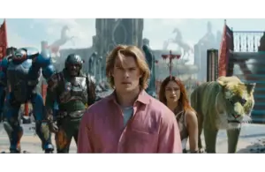 "Masters of the Universe" (2026) casts a group of diverse heroes, including a man in a pink shirt, a woman, a tiger, and armored figures, who stand determined in an ancient, mythic setting.