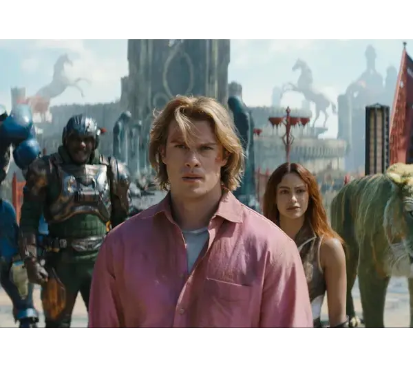 "Masters of the Universe" (2026) casts a group of diverse heroes, including a man in a pink shirt, a woman, a tiger, and armored figures, who stand determined in an ancient, mythic setting.
