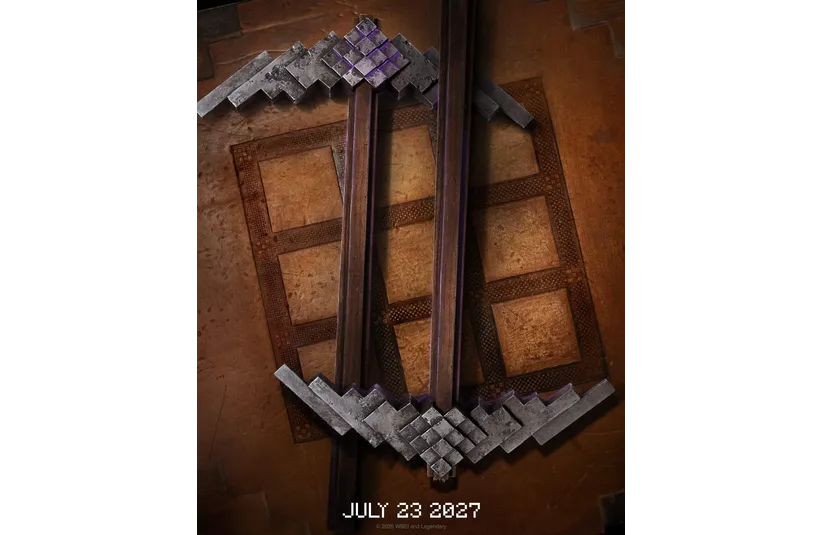 Three silver katanas form a "VII" shape on a copper grid. The text "July 23, 2027" is at the bottom, hinting at a future event. The tone is mysterious. A Minecraft Sequel