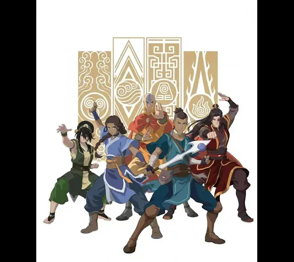Five animated characters from the upcoming "Avatar: The Last Airbender" movie, in action poses, each wearing distinct outfits. They stand before stylized elemental symbols, exuding confidence and power.