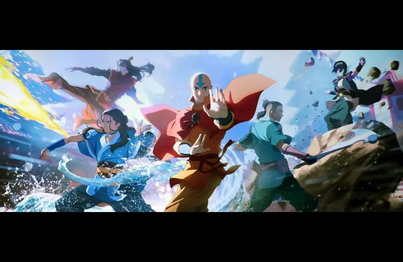 Five animated characters in dynamic poses, each manipulating elements like water and fire, exude a sense of power and teamwork on a rocky landscape.