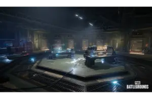Dimly lit futuristic lab in PUBG: Battlegrounds Xeno Point, with circular layout, machinery, and glowing control panels. A mysterious, high-tech atmosphere prevails. PUBG Battlegrounds logo in the corner.