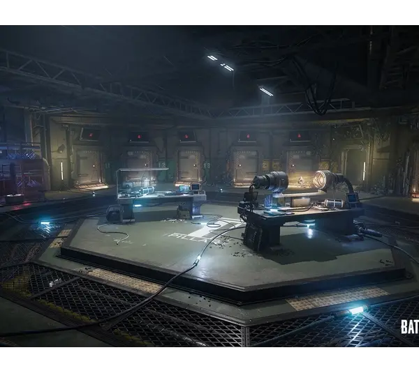 Dimly lit futuristic lab in PUBG: Battlegrounds Xeno Point, with circular layout, machinery, and glowing control panels. A mysterious, high-tech atmosphere prevails. PUBG Battlegrounds logo in the corner.