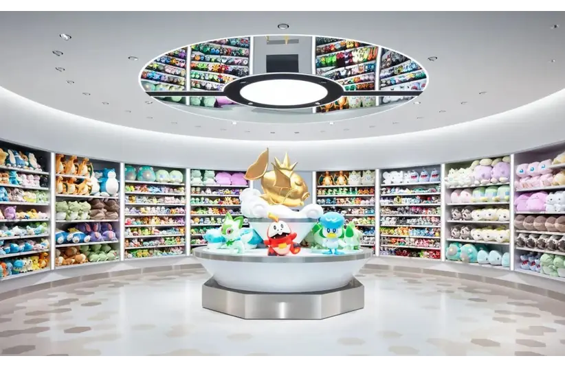 A brightly lit toy store features shelves filled with colorful plush toys and a central display with Pokémon characters. The atmosphere is playful and inviting.