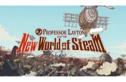 Steampunk-themed cityscape with airship, clouds, and "Professor Layton and the New World of Steam" title in bold, adventurous lettering.