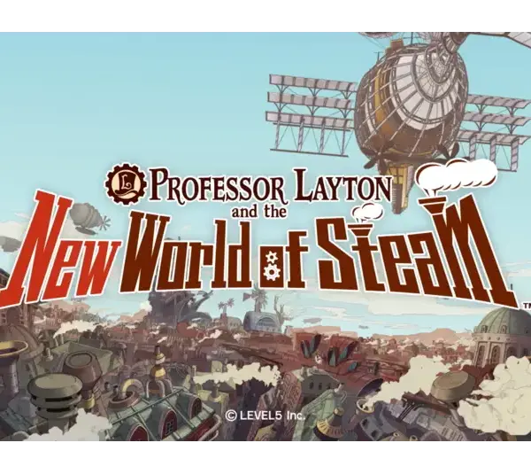 Steampunk-themed cityscape with airship, clouds, and "Professor Layton and the New World of Steam" title in bold, adventurous lettering.