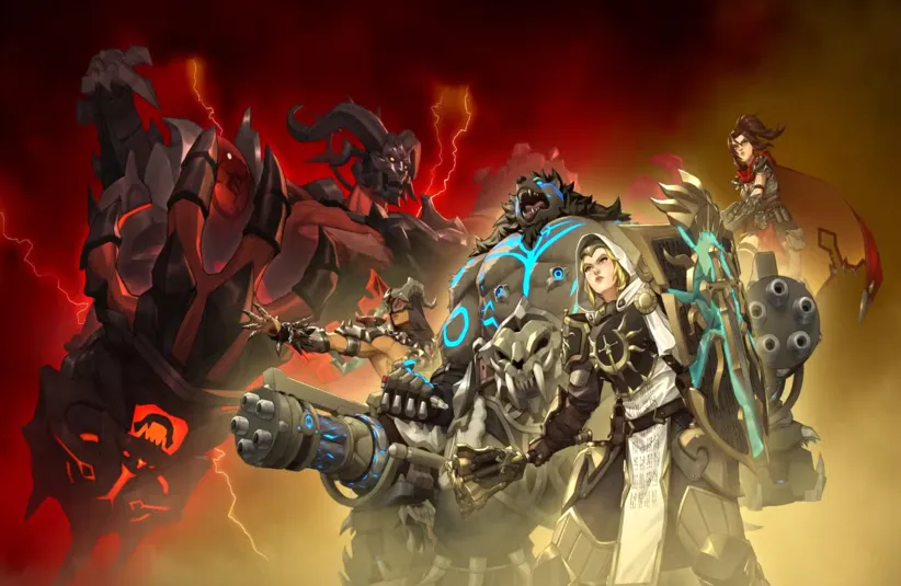 Diablo IV x Overwatch crossover skins featuring Mephisto Ramattra, Druid Mauga, Rogue Freja, Paladin Brigitte, and Warlock Lifeweaver
