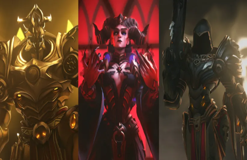 Lilith Moira, Inarius Pharah, Imperius Reinhardt, and Gilded Hunter Sombra skins in Diablo IV x Overwatch crossover