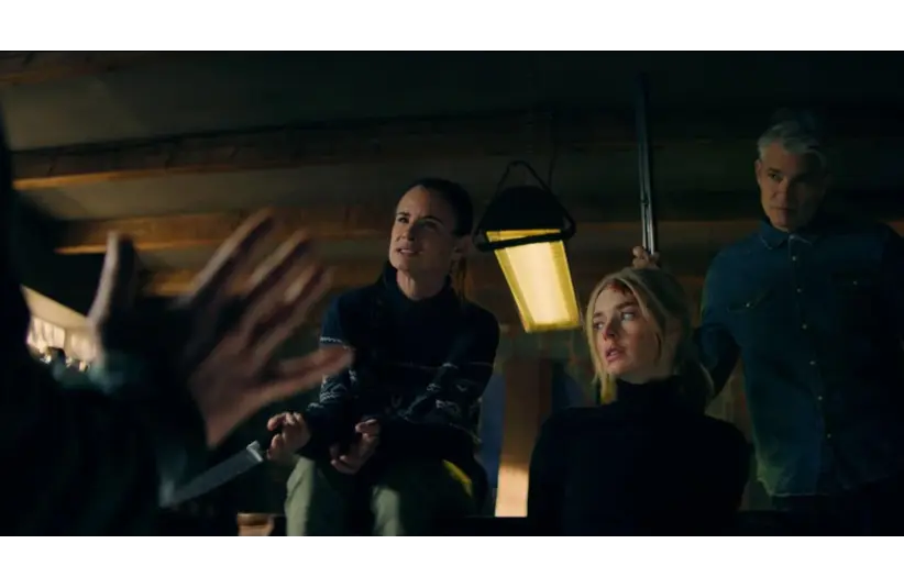 Juliette Lewis, Timothy Olyphant, and Samara Weaving in "Over Your Dead Body" (2026). Courtesy of 87North Productions/XYZ Films.