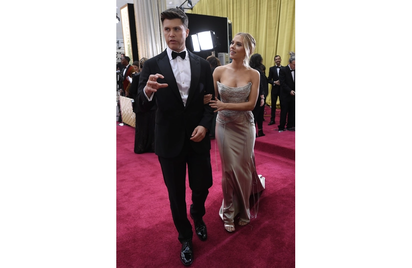 Feb 9, 2020; Los Angeles, CA, USA; Scarlett Johansson and Colin Jost arrive at the 92nd Academy Awards at Dolby Theatre. Mandatory Credit: Robert Hanashiro-USA TODAY