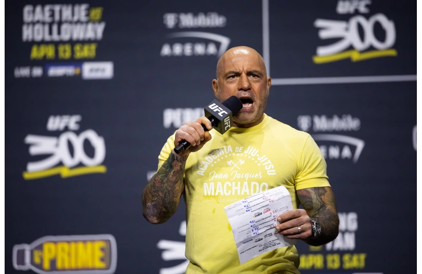 Apr 12, 2024; Las Vegas, Nevada, USA; UFC announcer Joe Rogan during ceremonial weigh ins for UFC 300 at MGM Grand Garden Arena. Mandatory Credit: Mark J. Rebilas-Imagn Images