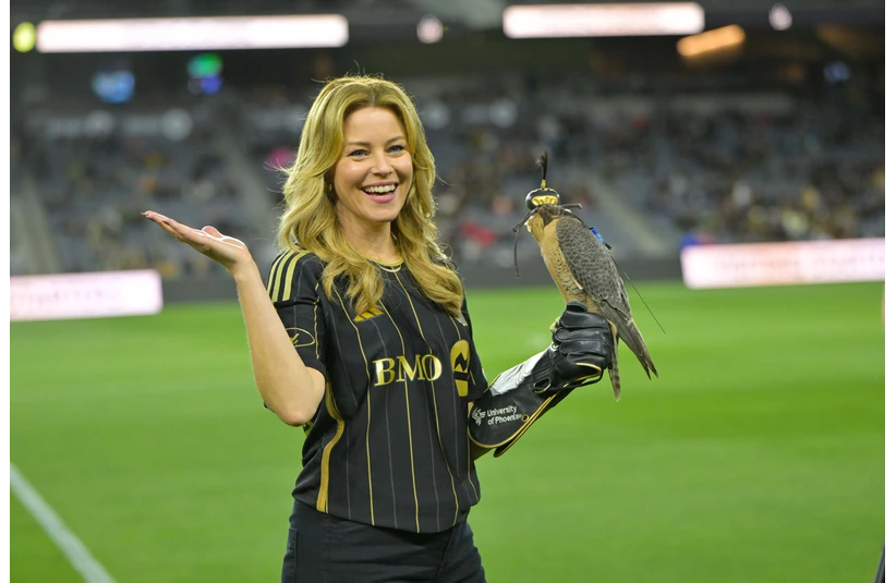 Mar 23, 2024; Los Angeles, California, USA; Honorary Falconer Elizabeth Banks before the match between LAFC and Nashville SC at BMO Stadium. Mandatory Credit: Jayne Kamin-Oncea-Imagn Images
