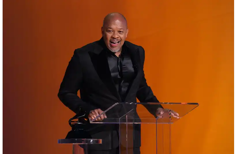 Feb 5, 2023; Los Angeles, CA, USA; Dr. Dre accepts the Dr. Dre Global Impact Award during the 65th Annual Grammy Awards at Crypto.com Arena in Los Angeles on Sunday, Feb. 5, 2023.. Mandatory Credit: Robert Hanashiro-USA TODAY ORG XMIT: USAT-523641 (Via OlyDrop)