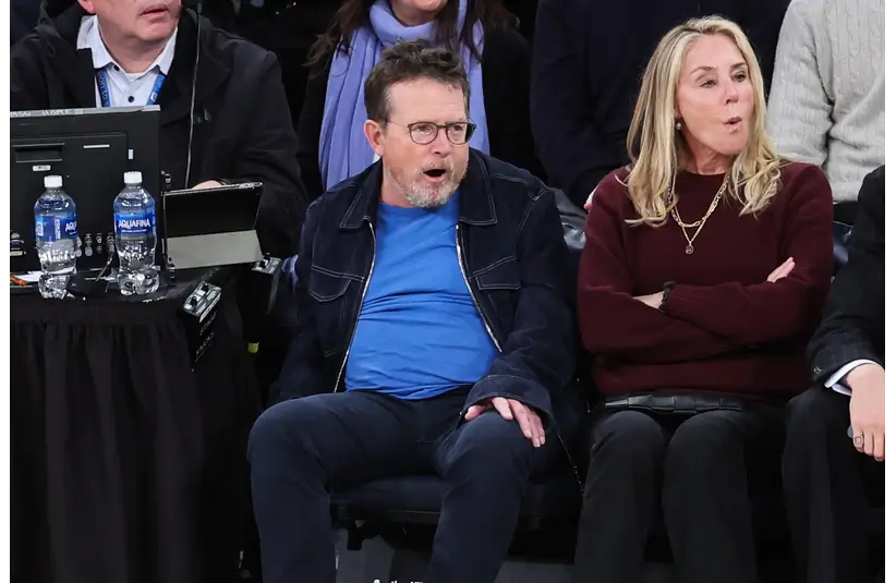Nov 11, 2025; New York, New York, USA; Actor Michael J. Fox watches the game between the Memphis Grizzlies and the New York Knicks in the fourth quarter at Madison Square Garden. Mandatory Credit: Wendell Cruz-Imagn Images