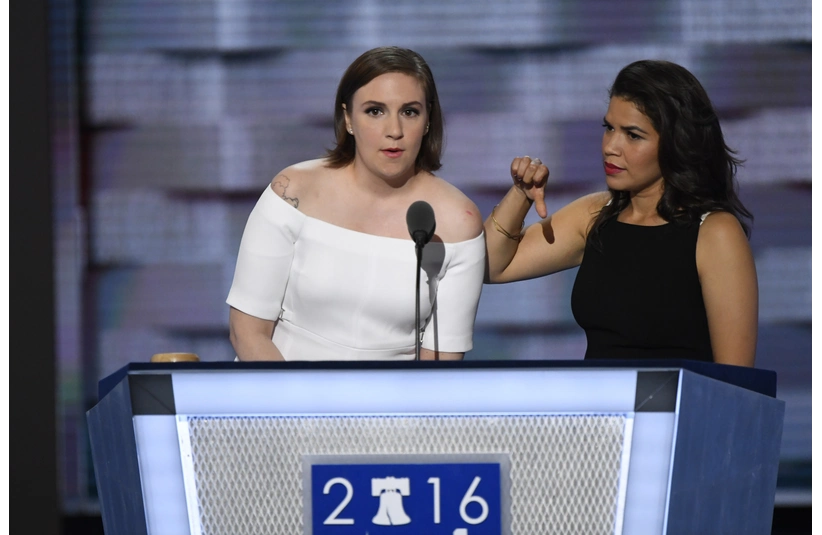 Jul 26, 2016; Philadelphia, PA, USA; Lena Dunham (L) and America Fererra (R), speak during the 2016 Democratic National Convention at Wells Fargo Arena. Mandatory Credit: Robert Deutsch-USA TODAY NETWORK