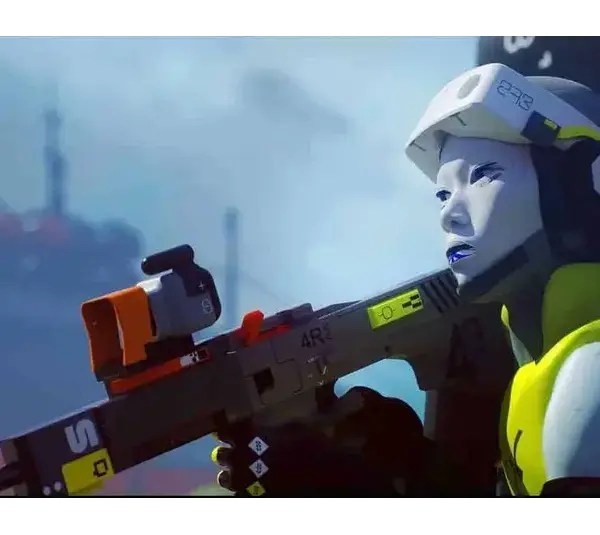 Marathon character in bright gear and helmet, holding a high-tech weapon, gazes intently. Background shows a misty, industrial landscape, creating a tense mood.