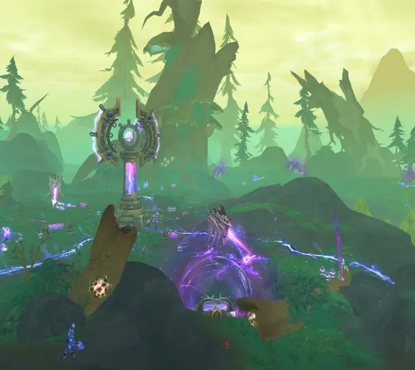 World of Warcraft fantasy landscape with glowing purple energy streams connecting ancient structures in a lush forest. Misty mountains and towering trees create a mystical atmosphere.