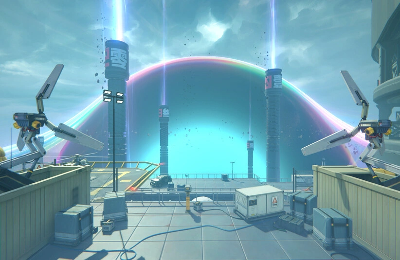 Zenless Zone Zero futuristic cityscape with a glowing dome and light beams. Rooftop machinery and antennae are in the foreground, under a moody, cloudy sky.