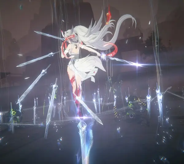 A white-haired anime character in dynamic motion in Zenless Zone Zero, surrounded by floating swords amidst a mystical, dimly lit environment, exudes power and intensity.