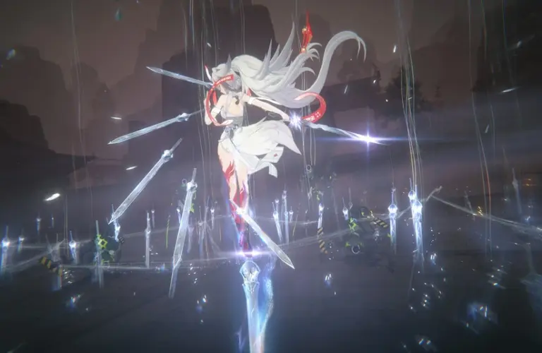 A white-haired anime character in dynamic motion in Zenless Zone Zero, surrounded by floating swords amidst a mystical, dimly lit environment, exudes power and intensity.