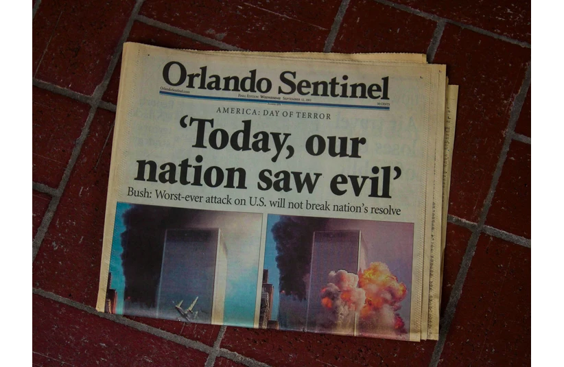 Image of the Orlando Sentinel dated September 12, 2001 showing the headline, "Today our nation saw evil" referring to the events of 9/11