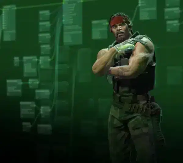 A muscular man in tactical gear stands confidently against a green background filled with complex, flowchart-like diagrams, conveying a strategic theme. Animgraph 2 Beta