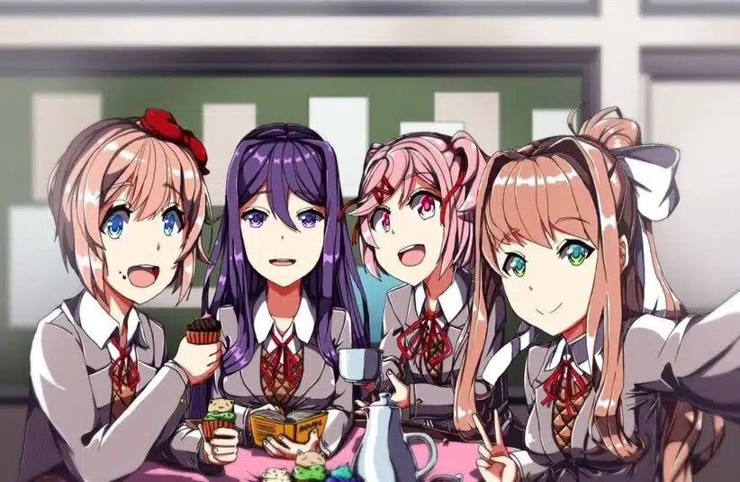 4 characters staring at screen happy from Doki Doki Literature Club.