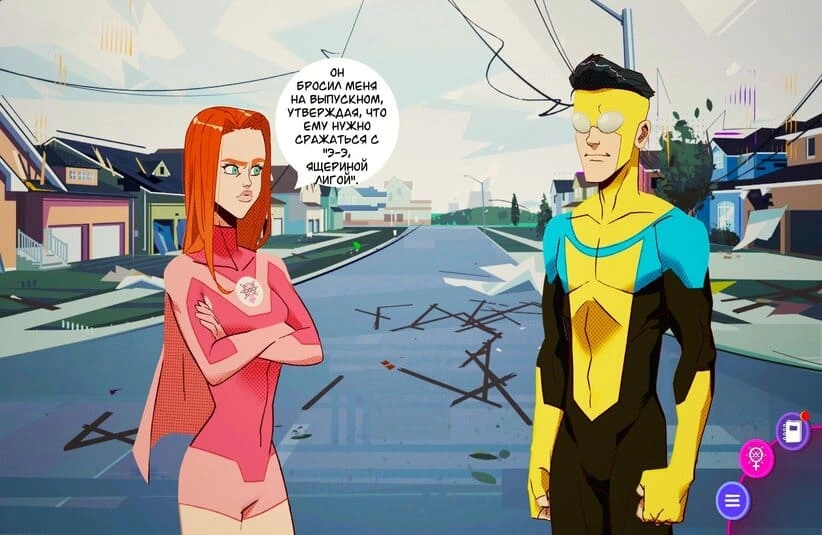 Atom Eve and Invincible having a discussion.