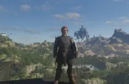 Enshrouded Flameborn character standing on top of the Ancient Spire in the Springlands