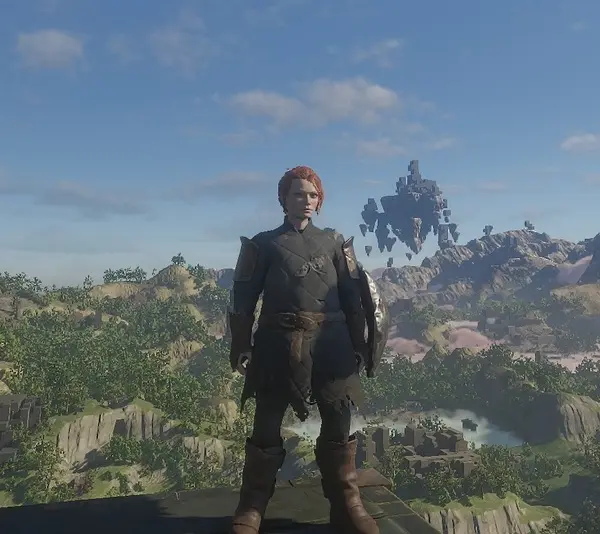 Enshrouded Flameborn character standing on top of the Ancient Spire in the Springlands