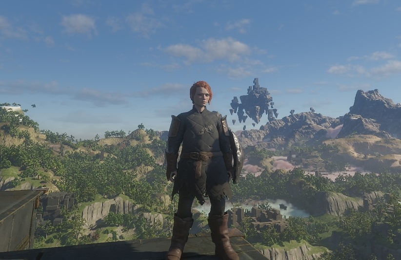 Enshrouded Flameborn character standing on top of the Ancient Spire in the Springlands