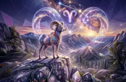 Ethereal Aries Standing on A Cliff with Runes and a Celestial Background