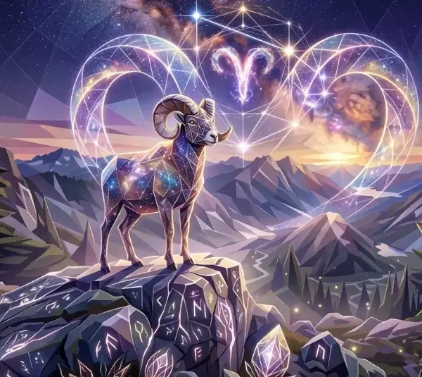 Ethereal Aries Standing on A Cliff with Runes and a Celestial Background