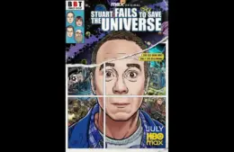 Comic book cover parody, featuring a surprised man’s face divided into panels. Bold text reads "Stuart Fails to Save the Universe." Space theme background.