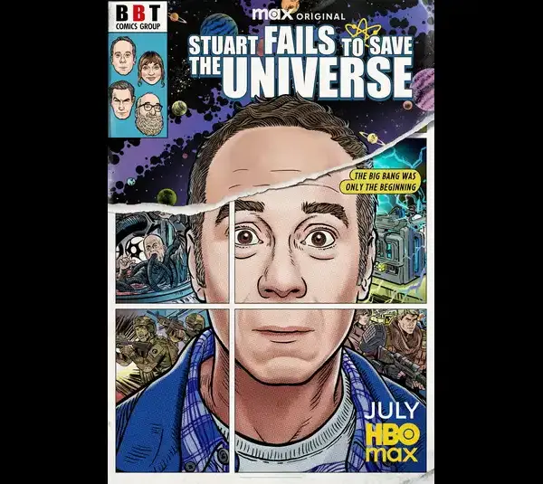 Comic book cover parody, featuring a surprised man’s face divided into panels. Bold text reads "Stuart Fails to Save the Universe." Space theme background.