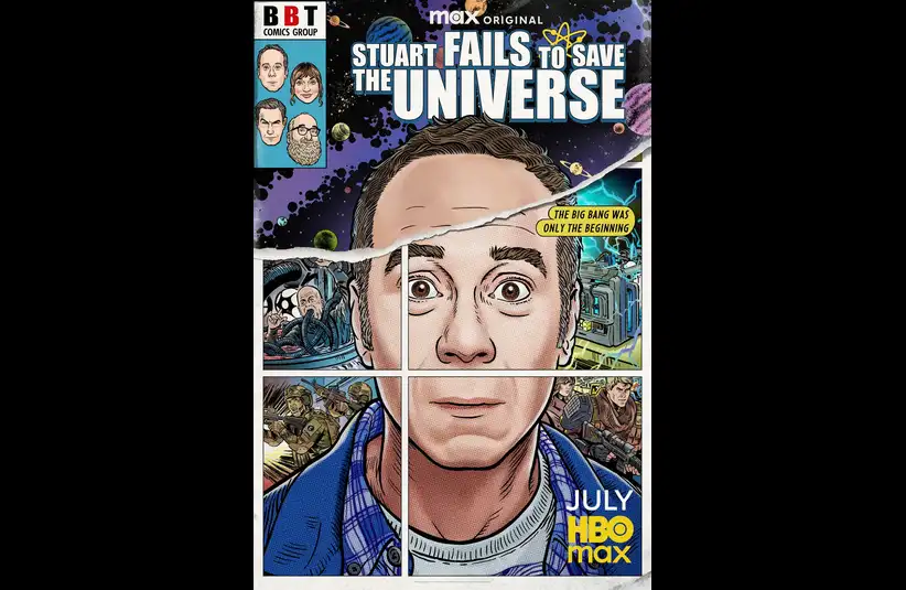 Comic book cover parody, featuring a surprised man’s face divided into panels. Bold text reads "Stuart Fails to Save the Universe." Space theme background.