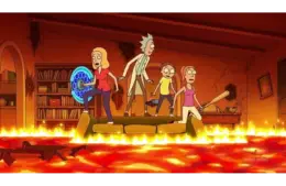 The cast of Rick and Morty is standing on a couch surrounded by lava in a fiery room. One holds a bat, another wields a glowing blue shield.