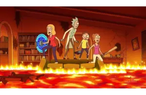 The cast of Rick and Morty is standing on a couch surrounded by lava in a fiery room. One holds a bat, another wields a glowing blue shield.