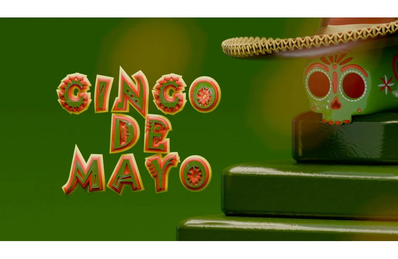 A photo of a sugar-skull with a sombrero with "Cinco de Mayo" in the center
