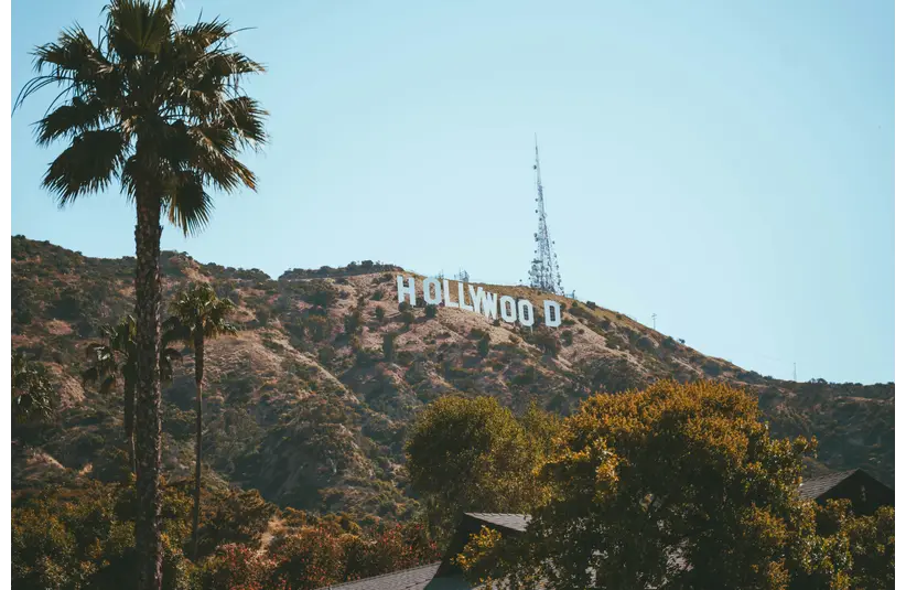The iconic Hollywood sign on a sunlit hillside with clear blue sky. Tall palm trees and lush greenery frame the foreground, conveying a relaxed California vibe. Buyout.