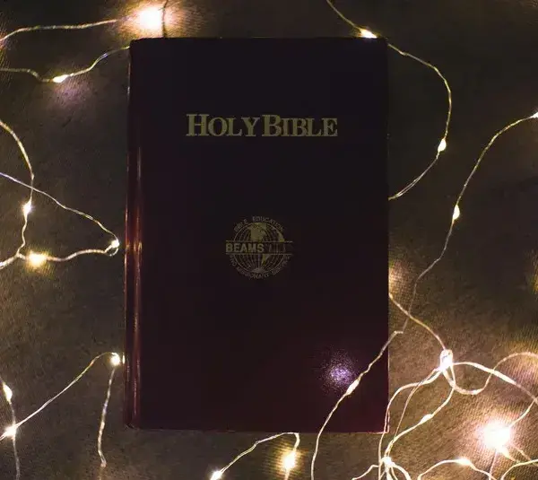 In daily devotion, a Bible is shown surrounded by wired lights.
