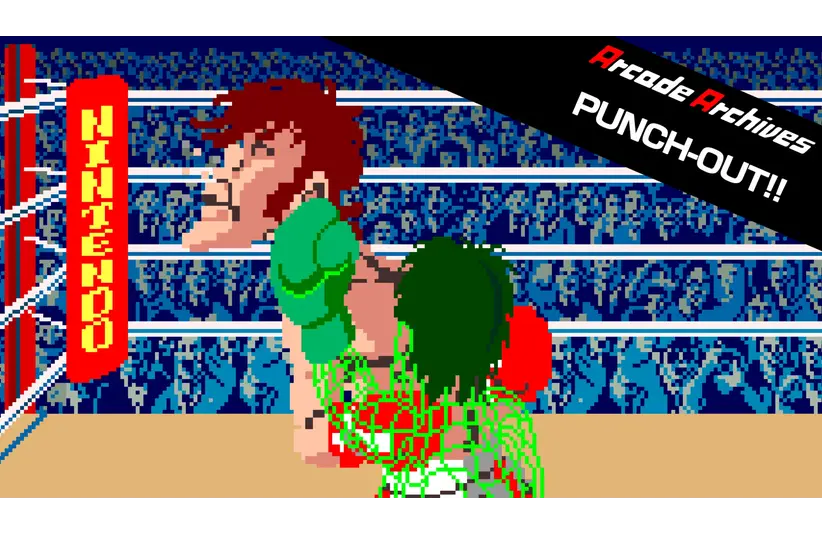 Retro pixel art of a boxing match from "Arcade Archives: Punch-Out!!". A boxer punches his opponent near the ropes in a vibrant, energetic scene.
