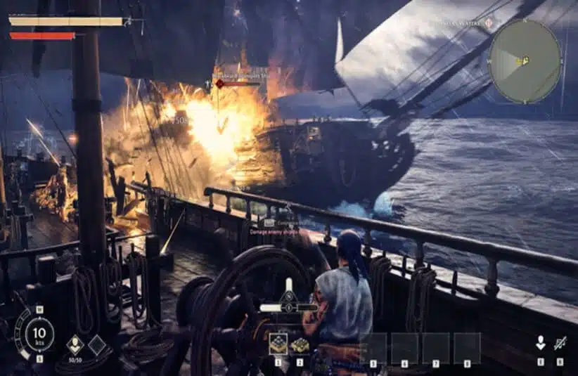 screenshot of windrose character on a ship under gunfire.
